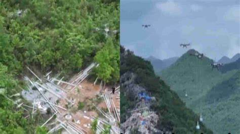 Chinese drones carry 180ton of steel and concrete up mountain in pioneering feat