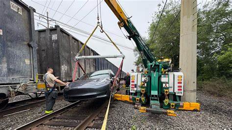 Tesla sedan hit by train after autonomous driving error