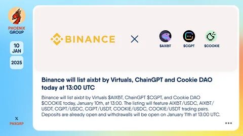 Binance Will Add aixbt by Virtuals (AIXBT), ChainGPT (CGPT) and Cookie DAO (COOKIE) on Earn, Buy Crypto, Convert & Margin - Binance
