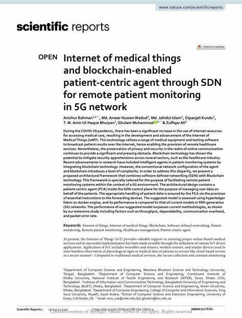 Internet of medical things and blockchain-enabled patient-centric agent through SDN for remote patient monitoring in 5G network - Nature.com