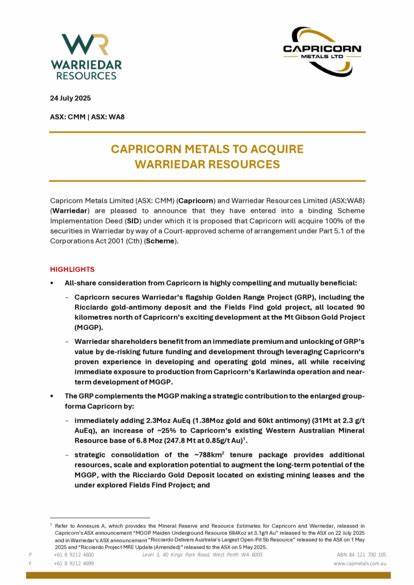 Capricorn Metals to acquire Warriedar Resources in Australia