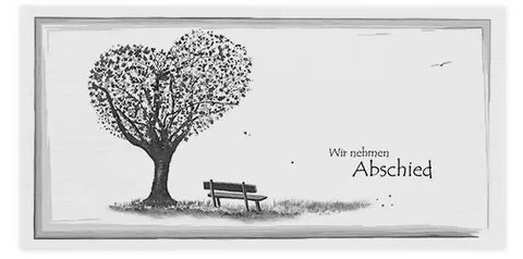 Trauer-Anzeigekarte "Bank unter Bäumen" in reinweiß mit Trauerrahmen 