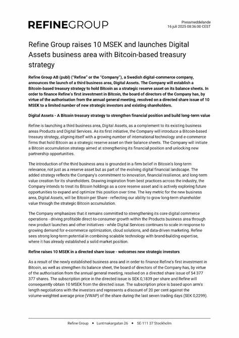 Swedish Refine Group Launches $1M Bitcoin Treasury Strategy