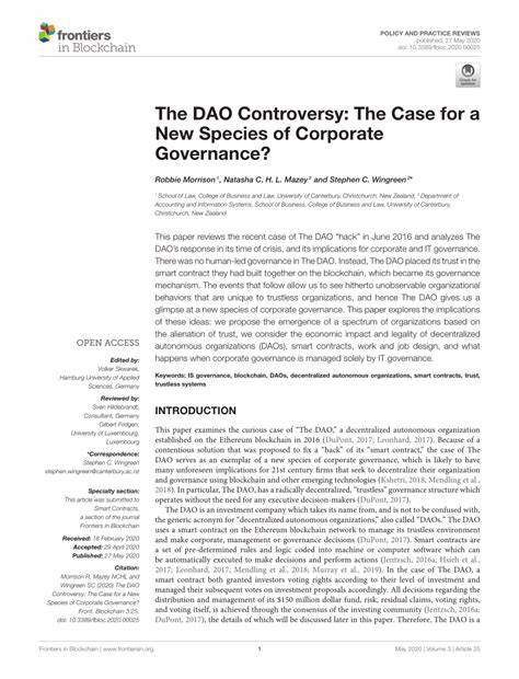 The DAO Controversy: The Case for a New Species of Corporate Governance? - Frontiers