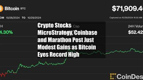 Crypto Stocks MicroStrategy, Coinbase and Marathon Post Just Modest Gains as Bitcoin Eyes Record High