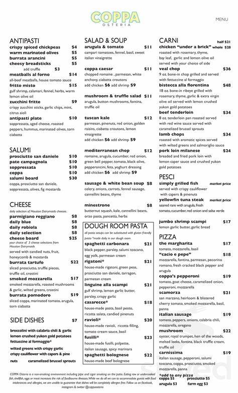 Menu for Coppa Osteria in Houston, TX - Sirved