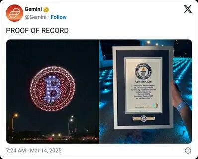 Gemini sponsors Bitcoin drone show over Austin, Texas, earns Guinness world record