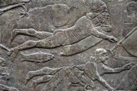 Assyrian carving of soldiers using inflatable goat skins to cross river
