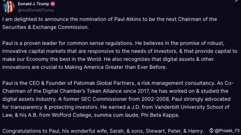US SEC Chair Nominee Paul Atkins Vows Regulatory Clarity for Crypto