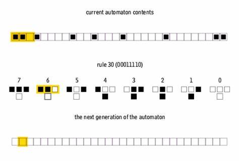 Rule 30 (1d) cellular automata feeding into Conway's Game of Life (2d)