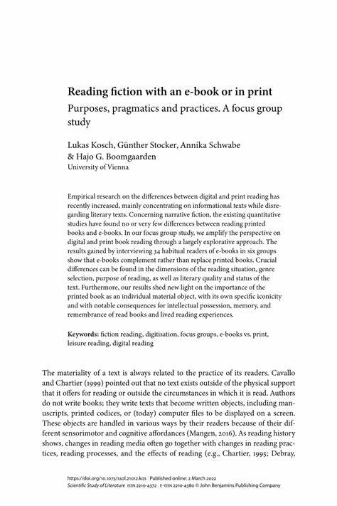 Reading fiction with an e-book or in print: Purposes, pragmatics and practices