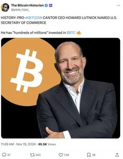 Bitcoin advocate Howard Lutnick confirmed as US commerce secretary