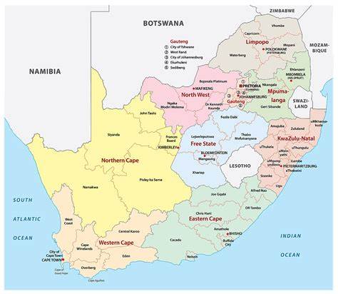 Map of South Africa Showing Provinces & Cities