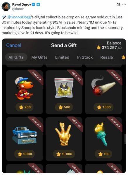  Snoop Dogg’s Telegram ‘gifts’ sell out in 30 minutes: NFTs back? 