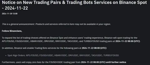 Notice on New Trading Pairs & Trading Bots Services on Binance Spot - 2024-04-24 - Binance