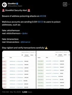SlowMist Issues Security Warning on EOS Address Poisoning Attacks - Binance