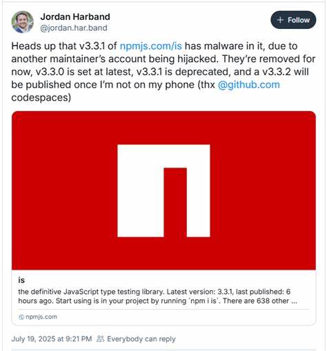 NPM package 'is' with 2.8M weekly downloads infected devs with malware