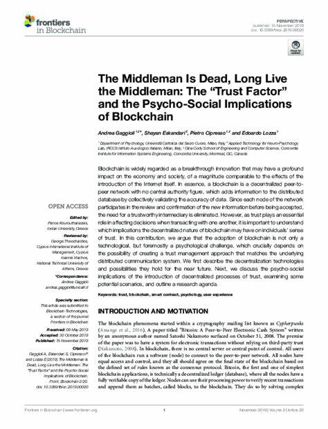 The Middleman Is Dead, Long Live the Middleman: The “Trust Factor” and the Psycho-Social Implications of Blockchain - Frontiers