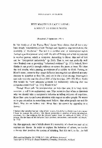Why Machines Can't Think: A Reply to James Moor by Douglas Stalker (1978)