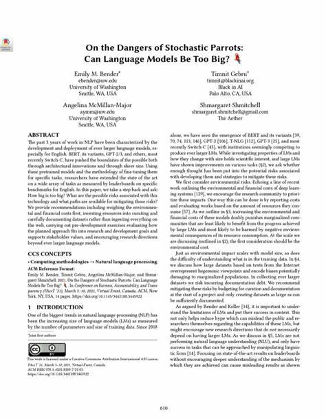 The Dangers of Stochastic Parrots: Can Language Models Be Too Big?