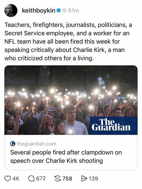 Several people fired after clampdown on speech over Charlie Kirk shooting